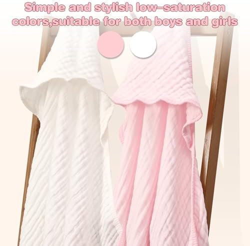 MUKIN Premium Muslin Hooded Towels 2-Pack White Pink