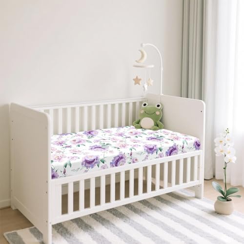 HNHUAMING Crib Sheet Fitted 52 X 28 Ultra Soft Breathable Purple Floral