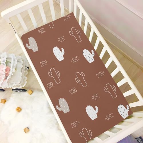 Brown Doodle Cacti Crib Sheet - Stretchy Playard Fitted Sheet for Baby