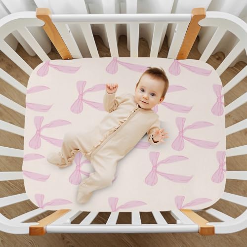 KICPOAY Fitted Crib Sheets with Coquette Bows for Baby Playard