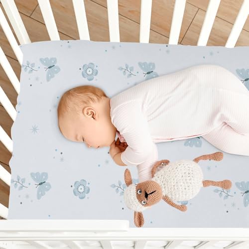 Boho Blue Flower Butterfly Crib Sheets for Baby Toddler