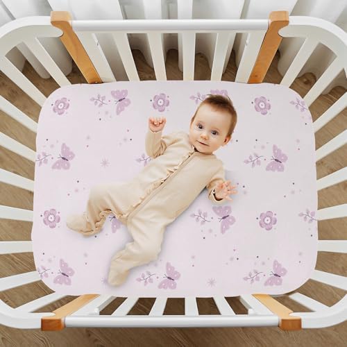 KICPOAY Boho Pink Flowers Butterfly Crib Sheet