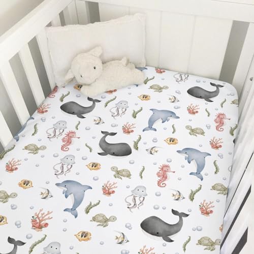 Boho Sea Animals Crib Sheet Whale Dolphin Turtle Fish