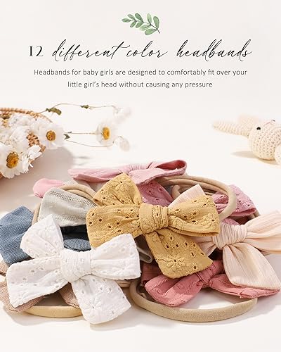 Jollybows 40pcs Baby Girls Grosgrain Ribbon Hair Bows Headbands 12pcs Nylon Elastic Headbands