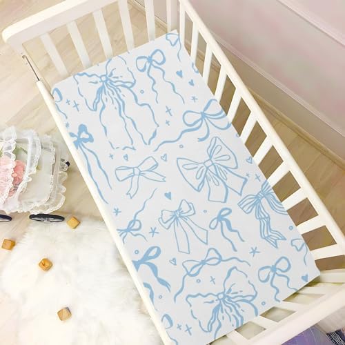 KICPOAY Fitted Crib Sheets with Blue Bows for Baby Toddler