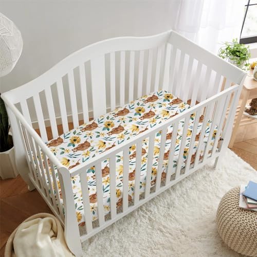 Highland Cow Sunflower Crib Sheet for Baby Girl 52x28