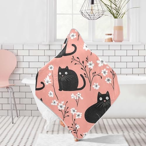 BOESI Doodle Black Cat and Flower Baby Bath Towel 35x35 Inches