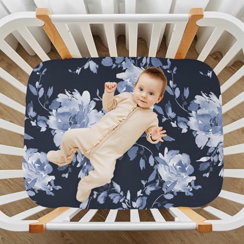 KICPOAY Indigo Floral Crib Sheets Stretchy Playard Sheets for Baby