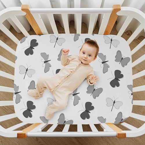 KICPOAY Black Grey Butterfly Crib Sheets Stretchy Playard Sheets for Baby Toddler