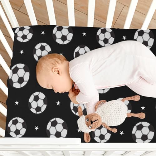 KICPOAY Soccer Balls Black Crib Sheets Stretchy Playard Sheets for Baby Toddler