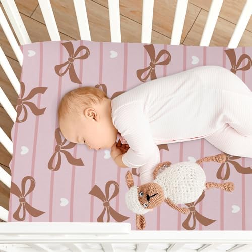Navy Bow Heart Stripe Pink Crib Sheets for Baby Toddler