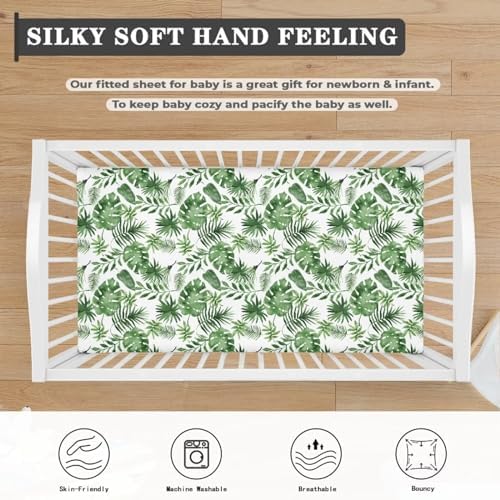 Tropical Leaf Crib Sheet 28x52 Green and White 1
