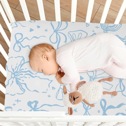 KICPOAY Fitted Crib Sheets with Blue Bows for Baby Toddler