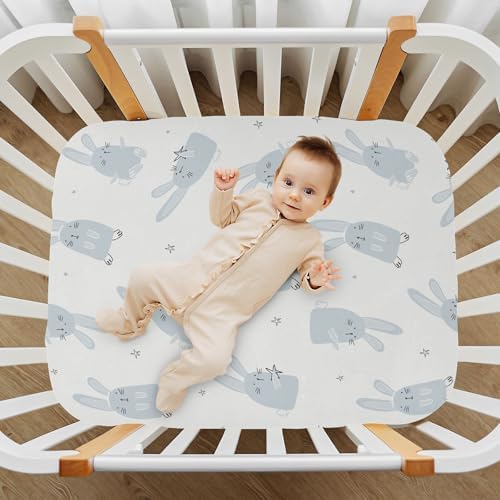 Light Blue Rabbits Stars Crib Sheets for Baby Toddler
