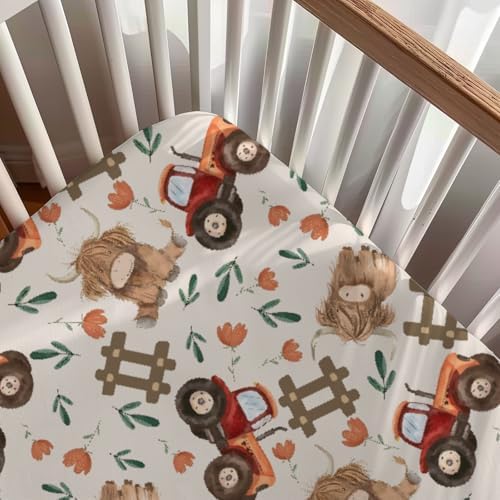 Farm Highland Cow Tractor Baby Crib Sheet - 28x52