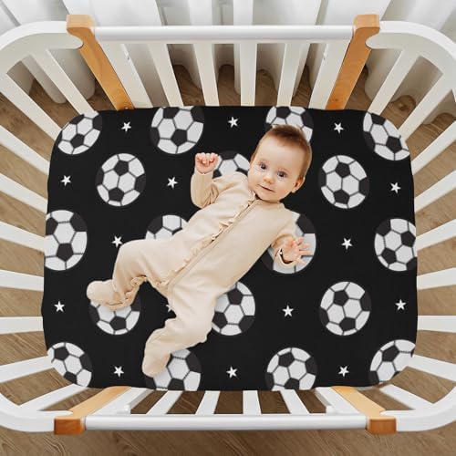 KICPOAY Soccer Balls Black Crib Sheets Stretchy Playard Sheets for Baby Toddler