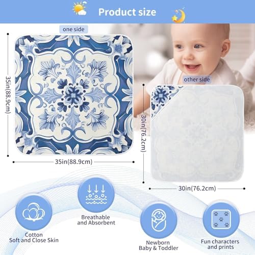 PaChyLuu Blue White Tiled Pattern Baby Hooded Towel 35x35 Inch