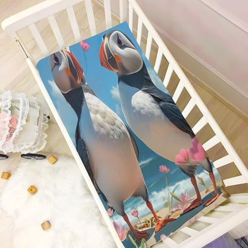 Qilmy Beach Puffins Fitted Crib Sheet - Soft Breathable for Baby