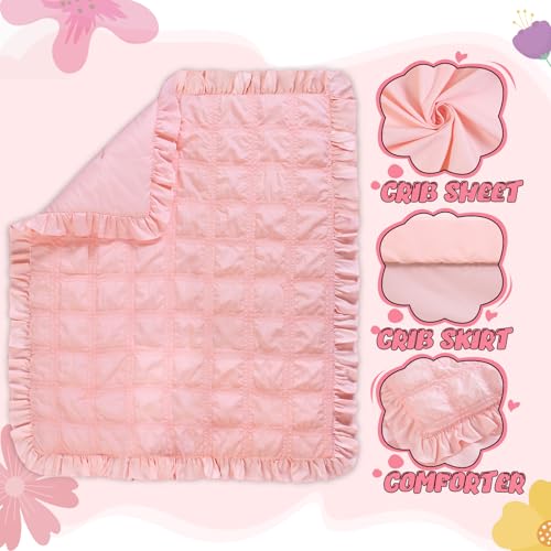 Cloele 3-Piece Crib Bedding Set for Girls Pink Ruffled