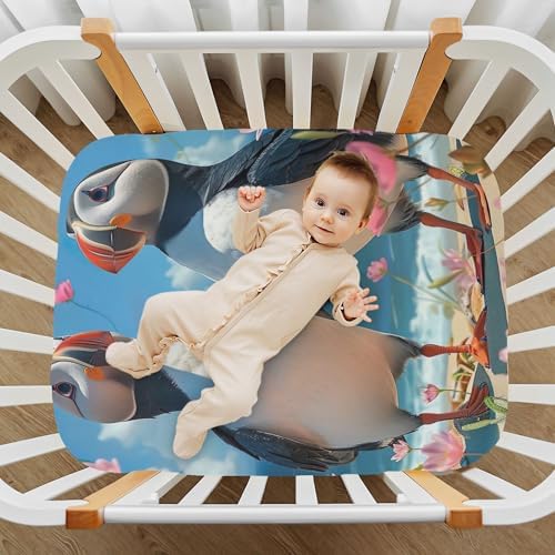 Qilmy Beach Puffins Fitted Crib Sheet - Soft Breathable for Baby