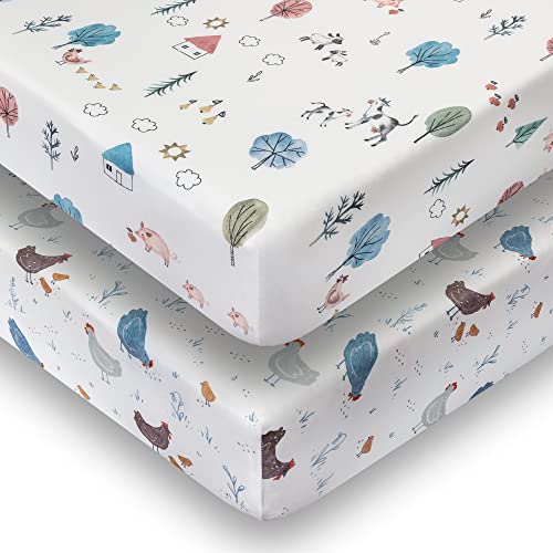 Crib Sheets Neutral - 2 Pack Organic Cotton Blend Farm Animals