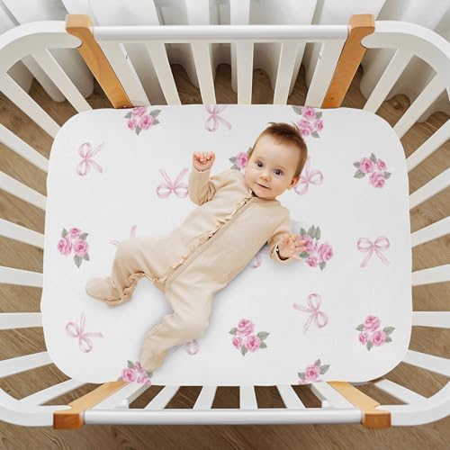Pink Rose Ribbons Fitted Crib Sheets for Baby Toddler