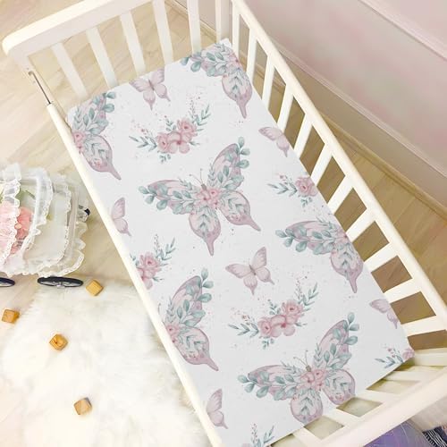 Pink Butterfly Flower Leaves Fitted Crib Sheets for Baby Toddler