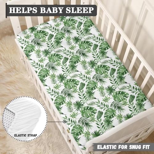 Tropical Leaf Crib Sheet 28x52 Green and White 1