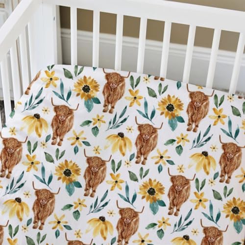 Highland Cow Sunflower Crib Sheet for Baby Girl 52x28