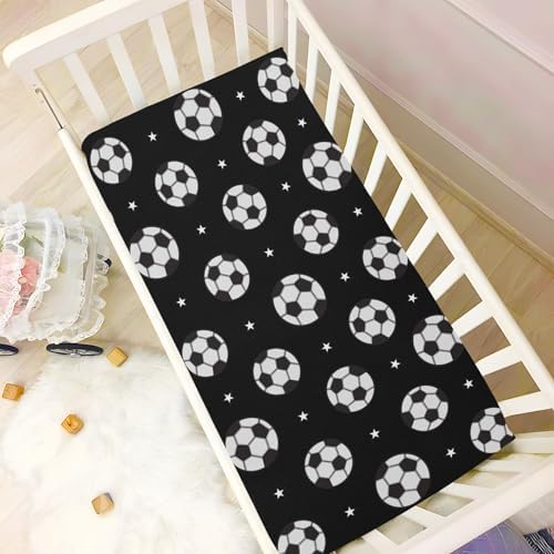 KICPOAY Soccer Balls Black Crib Sheets Stretchy Playard Sheets for Baby Toddler