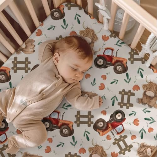 Farm Highland Cow Tractor Baby Crib Sheet - 28x52