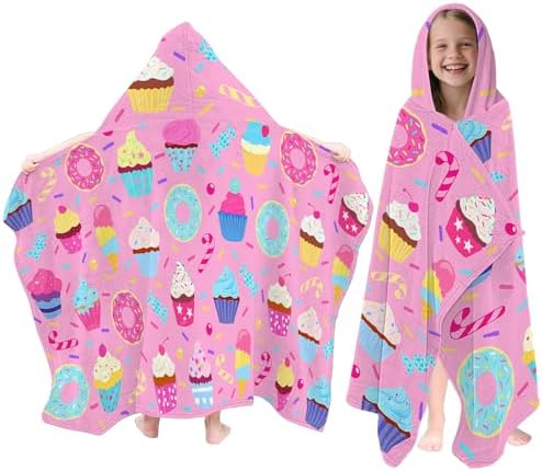 Pink Cartoon Cake Hooded Beach Towel for Kids
