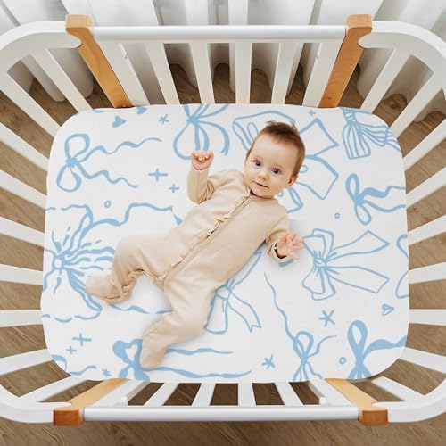KICPOAY Fitted Crib Sheets with Blue Bows for Baby Toddler