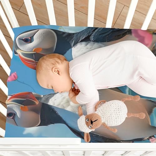 Qilmy Beach Puffins Fitted Crib Sheet - Soft Breathable for Baby