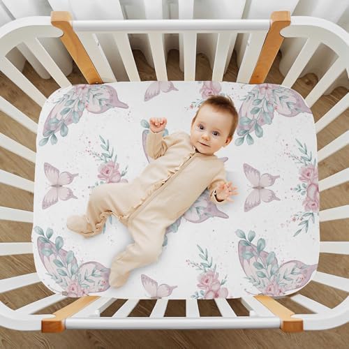 Pink Butterfly Flower Leaves Fitted Crib Sheets for Baby Toddler