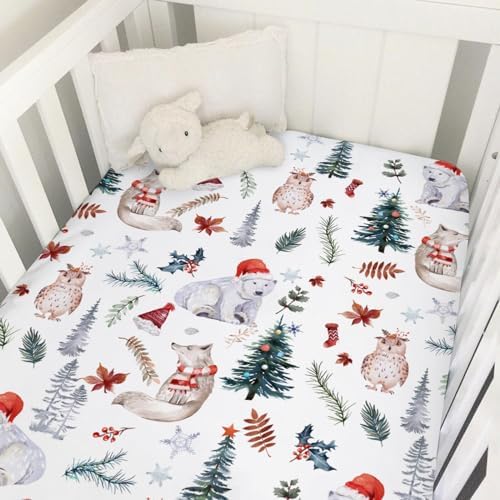 Cute Animals Crib Sheet 52x28 Winter Holiday Fitted Mattress Cover