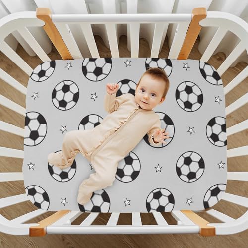 KICPOAY Soccer Balls Grey Crib Sheets Stretchy Playard Sheets for Baby Toddler