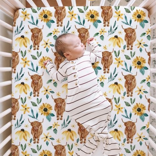 Highland Cow Sunflower Crib Sheet for Baby Girl 52x28