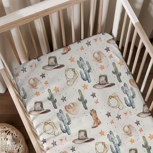 KuphiL10C Western Cactus Hats Stars Pattern Crib Sheet