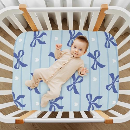 KICPOAY Navy Bow Heart Stripe Fitted Crib Sheets