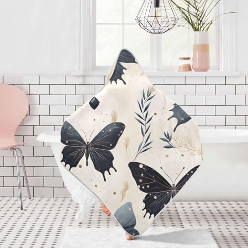 Black Butterflies Baby Hooded Towel Soft Cotton Ultra Absorbent 35x35 Inch