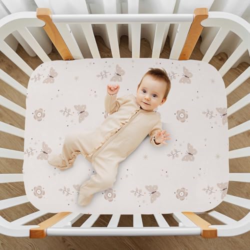 Boho Beige Flowers Butterflies Fitted Crib Sheet