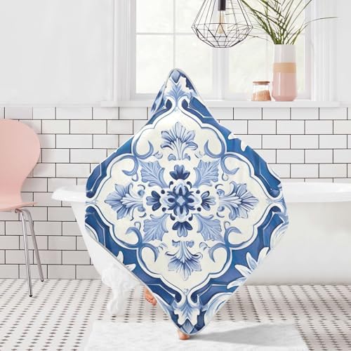 PaChyLuu Blue White Tiled Pattern Baby Hooded Towel 35x35 Inch