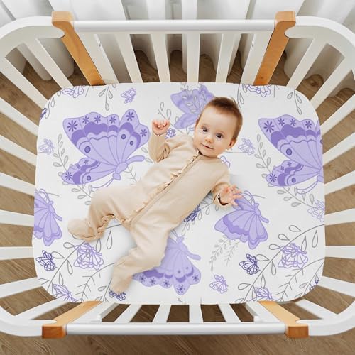 KICPOAY Purple Butterfly Crib Sheets Stretchy Playard Sheets for Baby Toddler 1