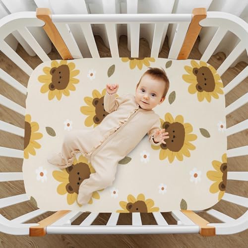 KICPOAY Sunflower Bears Crib Sheets Playard Stretchy 52x28in
