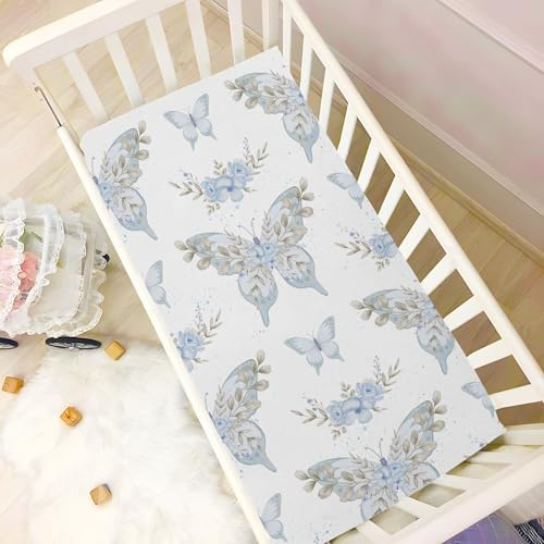 Blue Butterfly Flowers Leaves Crib Sheet for Baby Toddler
