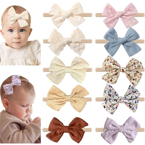 10pcs Soft Nylon Baby Bow Headbands Handmade for Newborns and Toddlers