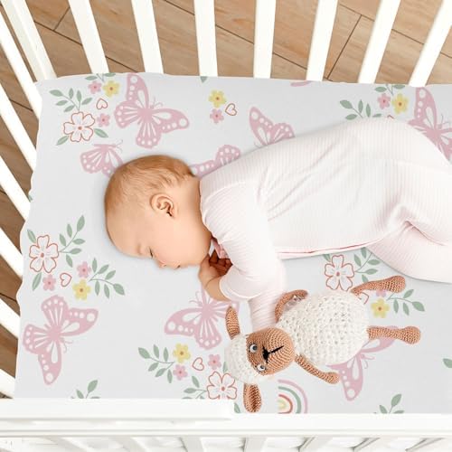 Pink Butterfly Flowers Leaves Fitted Crib Sheets for Baby Toddler