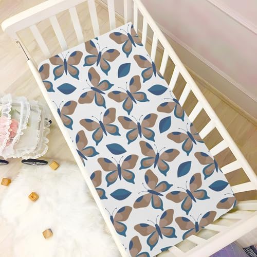 Brown Butterfly Blue Leaves Fitted Crib Sheet for Baby Toddler