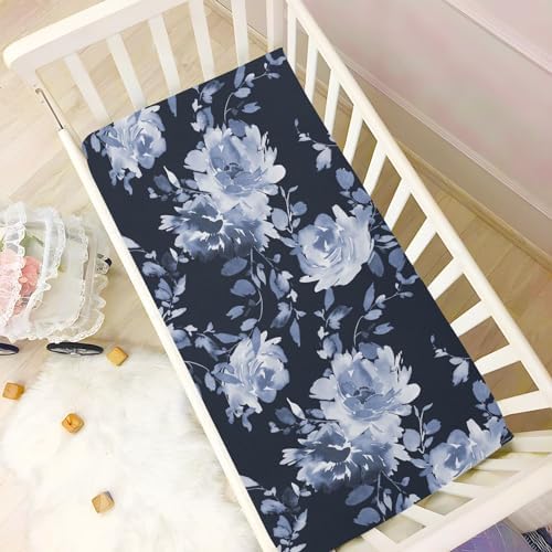 KICPOAY Indigo Floral Crib Sheets Stretchy Playard Sheets for Baby